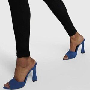 FOWT Women Pointed Peep Toe Mules Block High Heel Slippers Slip on Dressy Blue